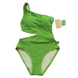 Michael Kors One Piece Swimsuit One Shoulder Cut Out Ribbed Green Size 8 NEW NWT